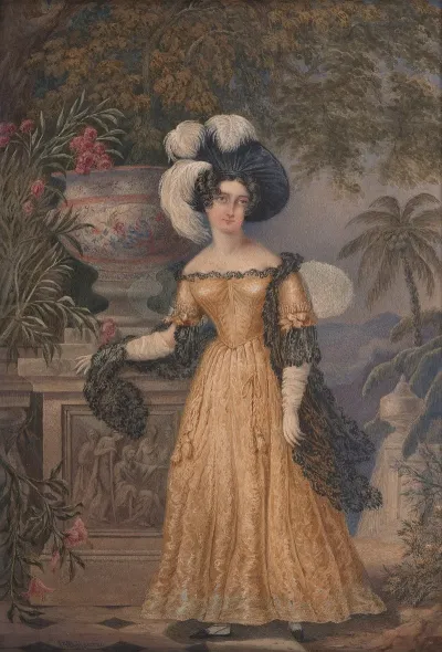 Lady Rowe Standing Small Full Length On A Terrace A Moonlit Jamaican Landscape Beyond