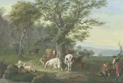 Lagernde Herde Unter Einer Eiche Rechts Hirte Und Hirtin Bei Der Mahlzeit Und Ausblick In Die Ferne