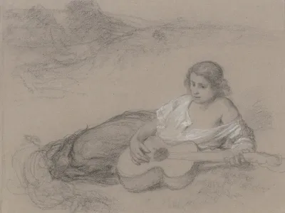 Lagernde Junge Frau Mit Gitarre