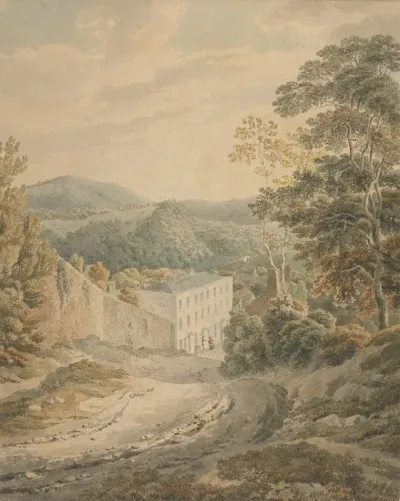 Landscape Looking Downhill To A Village Dominated By A Large Three Storied Stone House