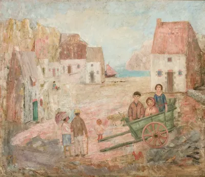 Landscape Of A Small Town With Children In A Pram