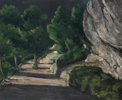 Landscape Road With Trees In Rocky Mountains
