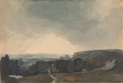 Landscape Scene From Hilltop Looking Into Sunlit Valley