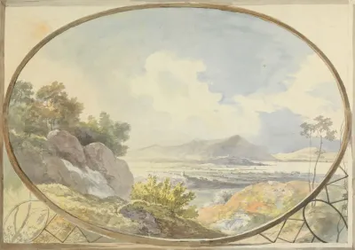 Landscape Set In An Oval Mountain Landscape Through An Oval Window