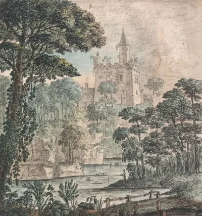 Landscape View Of A Ruined Castle With River Wooden Bridge And A Figure Fishing
