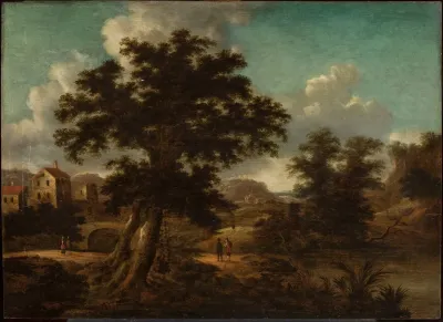 Landscape With A Bridge A Large Tree And Travellers
