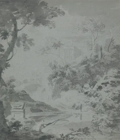 Landscape With A Distant Classical Building And A Man Fishing