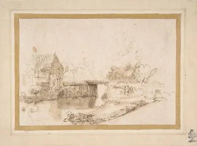Landscape With A Draughtsman Seated By A River A Bridge And A Cottage Behind