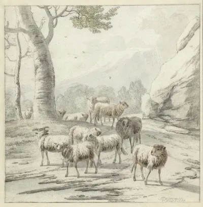 Landscape With A Flock Of Sheep Near A Tree