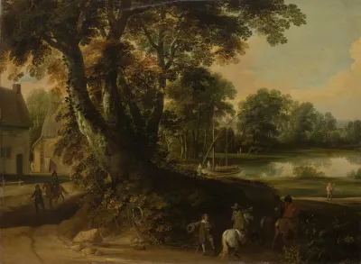 Landscape With A Group Of Trees At The Shore Of A Lake Three Riders On The Road In The Foreground
