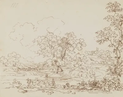 Landscape With A River Stone Bridge And A Classical Building On A Hill