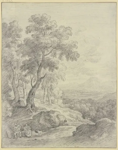 Landscape With A View Of A Mountain Range A Man And His Wife Sitting On A Slope In Front