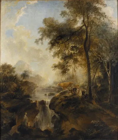 Landscape With A Waterfall And Cattle