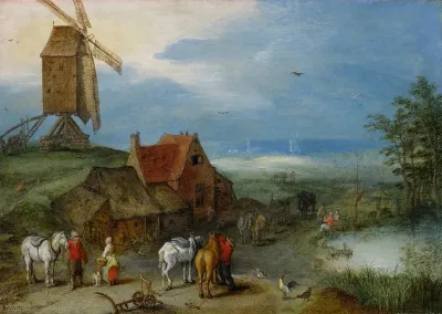 Landscape With A Windmill Various Figures Horses And Animals Near A Farmstead