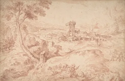 Landscape With An Old Woman Holding A Spindle After Domenico Campagnola