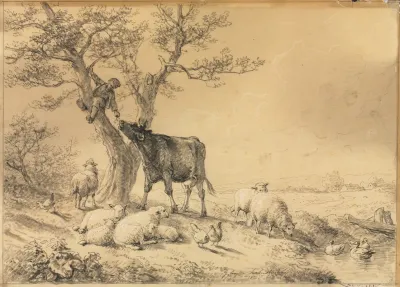 Landscape With Animals And Boy In Tree