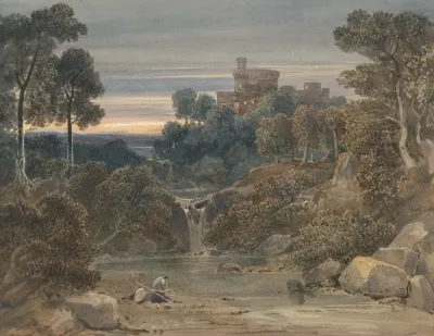 Landscape With Castle Waterfall And Stream In Foreground
