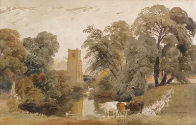 Landscape With Cattle Geese A Lady Washing Clothes Beside A River And A Church Tower Beyond