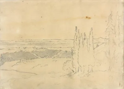 Landscape With Cedars And Buildings
