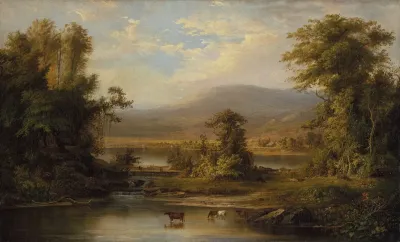Landscape With Cows Watering In A Stream