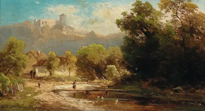 Landscape With Duck Pond And View Of A Castle