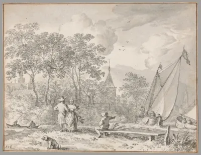 Landscape With Elegant Figures By A River With Boats To The Right And A Town Behind Trees Beyond