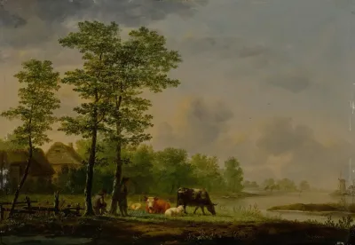 Landscape With Farmers Cattle And Sheep Before A River