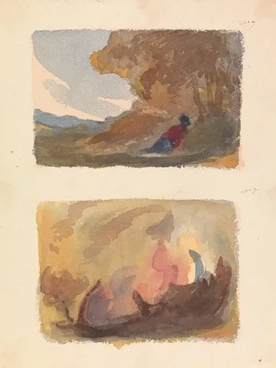 Landscape With Figure Reclining Against Hill Titian And Venetian School No 7 Landscape Variety Of Watercolor Washes