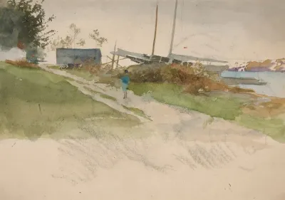 Landscape With Figure Walking Along A Path Water In Distance