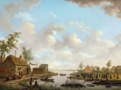 Landscape With Fishermen And Farmers Extracting Peat In A Marsh