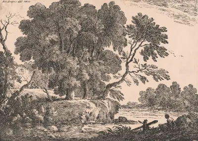 Landscape With Group Of Trees Surrounded By Water Cottage On Left Woman Seated Right Foreground