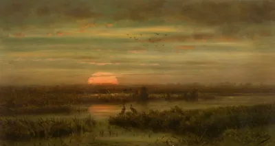 Landscape With Herons At Sunset
