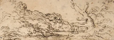 Landscape With Hills And A Lake Trees In Right Foreground