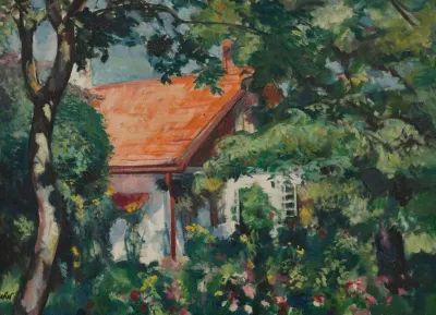 Landscape With Hollyhocks