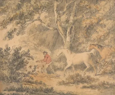 Landscape With Horses Farmer And Dog