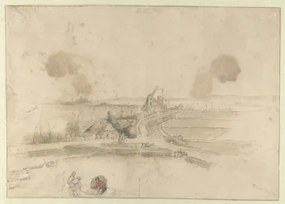 Landscape With Houses And Two Windmills Along A Road With Three Fishermen In The Foreground