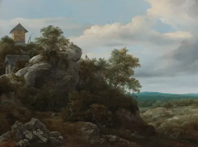 Landscape With Houses On A Rocky Hill With A View Of A Plain Beyond