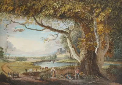 Landscape With Lake And Large Tree In Foreground