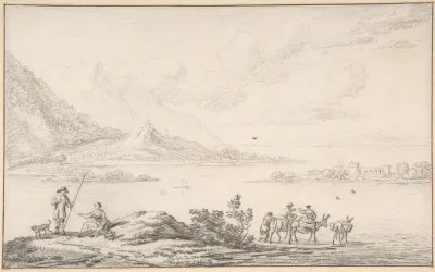 Landscape With Mountains And A Lake Figures In The Foreground