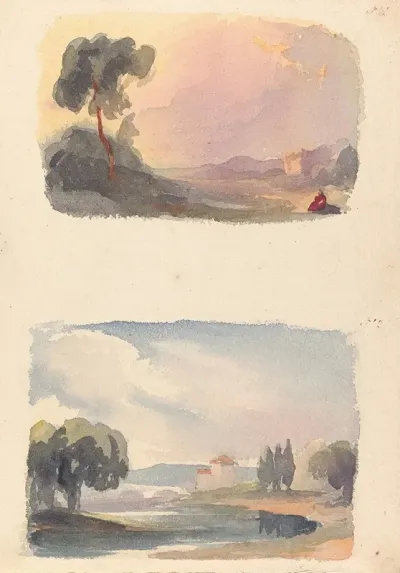 Landscape With Mountains In Distance And Seated Figures In Foreground Landscape With River And Building Mountains In Distance