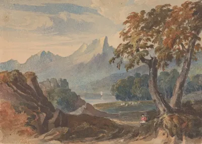 Landscape With Mountains Lake Castle Seated Figure In Foreground