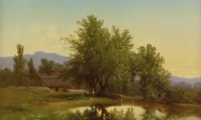 Landscape With Pond Barn And Figures