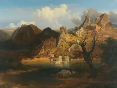 Landscape With Rugged Cliffs And Mountain Lake