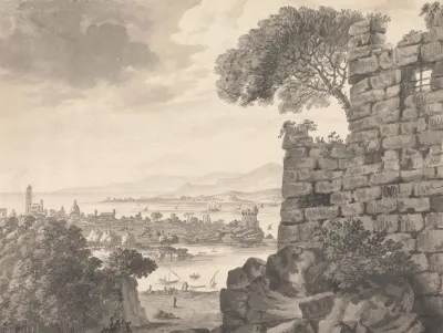 Landscape With Ruins In The Foreground Harbor And Village In Background