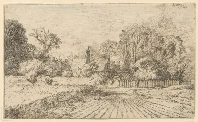Landscape With Rural Buildings Road Next To A Corn Field