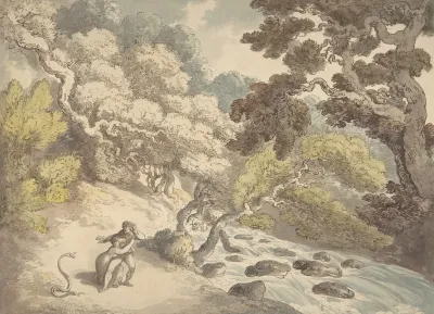 Landscape With Rushing Stream And A Couple On The Bank Frightened By A Snake