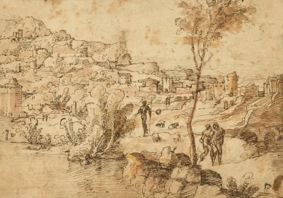 Landscape With Shepherds By A River And A Town Beyond
