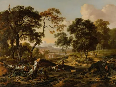 Landscape With Sportsmen Resting By A Path