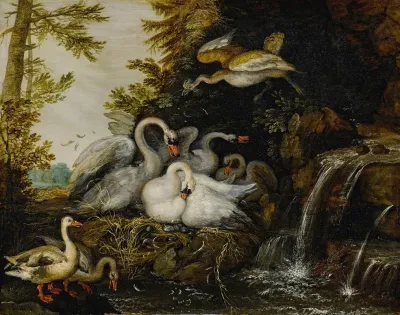 Landscape With Swans Near A Waterfall