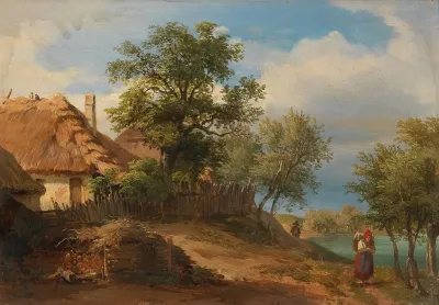 Landscape With Thatched Farmhouses And Decorative Figures